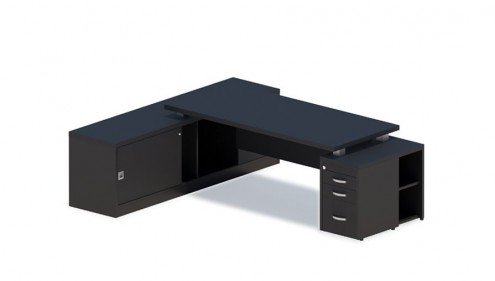 Mesa executiva com tampo em tamburatto 40 mm, gaveteiro e armário embutidos